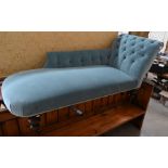 A Victorian chaise longe with buttoned blue dralon upholstery