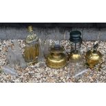 A box of antique brass including oil lamps