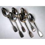 Matched set of six Victorian silver fiddle pattern tablespoons