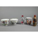 Three Chinese famille rose cups and two glass inside painted snuff bottles