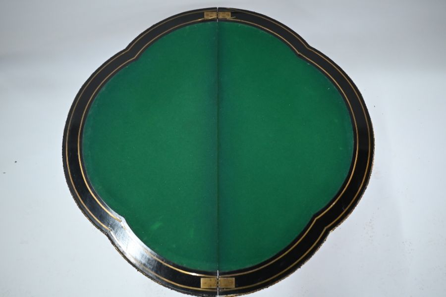 A Victorian brass inlaid and mounted ebonised demi-lune card table - Image 7 of 7