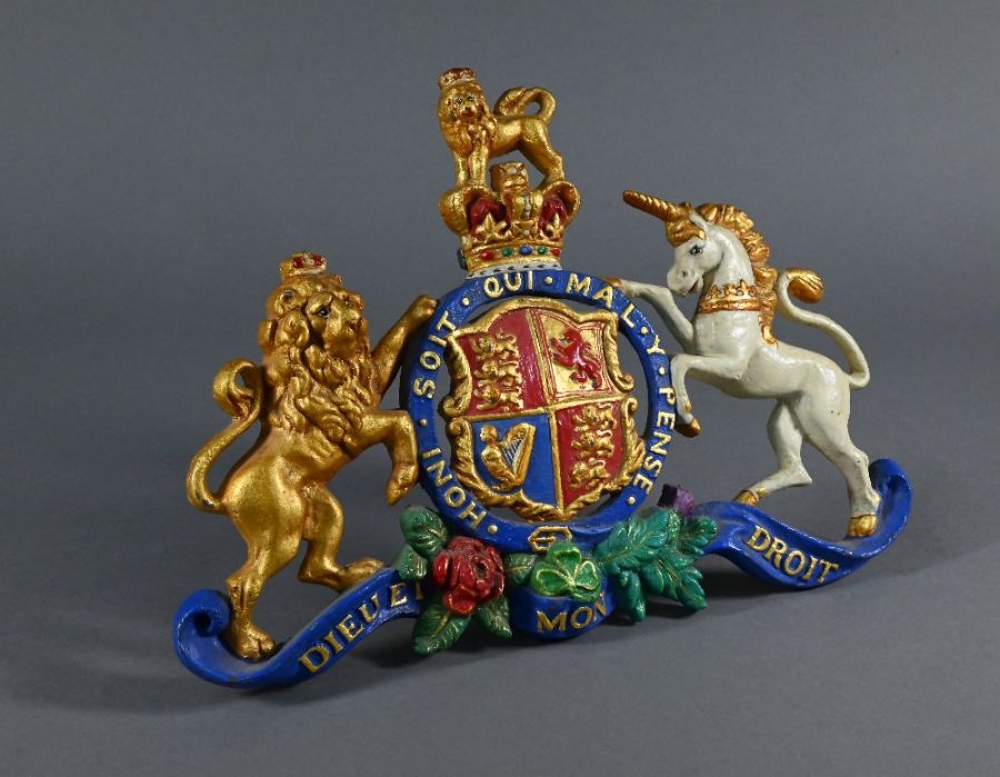 A cold painted lead Royal Coat of Arms