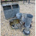 An old galvanised two compartment feed trolley, on castors, to/w assorted galvanised feeders,