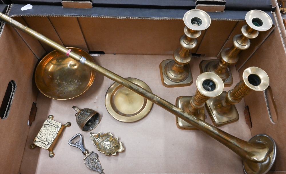 Two 19th century pairs of brass candlesticks, to/w a post-horn and other metal ware (box)