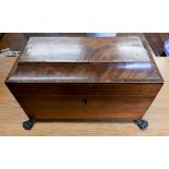 Regency mahogany sarcophagus tea caddy with rosewood crossbanding, brass lion mask and ring