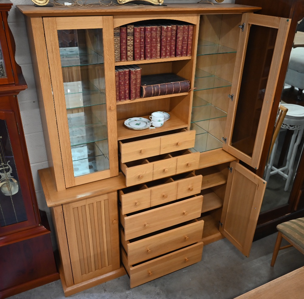 A light oak wall unit with six drawers over two cupboards, with glazed doors revealing shelves, - Image 3 of 3