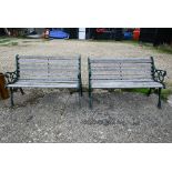 Pair of teak slat wrought iron garden benches, 128 cm long (2)