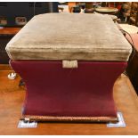 A square ottoman with purple lining and grey lid, raised on casters, 49.5 x 49.5 x 42 cm high a/f