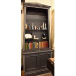 A large slate grey painted display cabinet/dresser with cream mouldings, the tapering oepn top