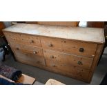 An old and stripped pine dresser base with six drawers, 184 cm wide x 47 cm deep x 90 cm high (