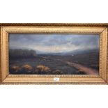 19th century English school - A moorland scene with grazing sheep, oil on canvas, 29 x 66 cm