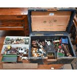 Quantity of die-cast farm animals, figure, carts etc, all contained within a Victorian leather-