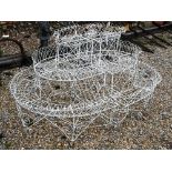 A pair of old wire work demi-lune three tier orangery plant stands, 100 x 80 x 90 cm h and a