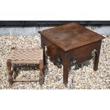 An antique square oak hall table with shaped frieze, 55 x 55 x 45 cm high to/w oak rush seated stool