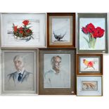 Mixed lot of seven pictures including pastel portraits, flower studies, watercolour sketches etc (7)