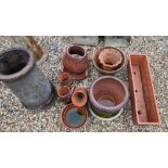 Assorted old terracotta plant pots, to/w a chimney pot and long planter