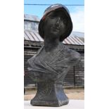 A reconstituted cast stone garden bust of 'Gabrielle' wearing a cloche hat, aged bronzed finish