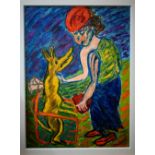 Frank Kirby (1919-2007) - Woman with yellow animal, oil on board, signed and dated 1989, 120 x 89 cm