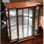 Small mahogany breakfront display cabinet with two glass shelves, 35 cm wide x 18 cm deep x 37 cm
