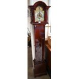Stained mahogany shortcase clock with arched brass dial, the eight-day movement striking and chiming