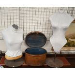 Two shop display torso-mannequins, to/w an oval steel hat-box (3)