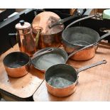 Five antique copper saucepans with wrought iron handles (one with cover) to/w a copper coffee