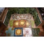 Nine Art Nouveau green majolica 6" ceramic tiles decorated with stylised flowers, to/w 15 other