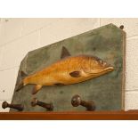 Painted wood plaque mounted with salmon and four turned coat-pegs, 72 cm wide
