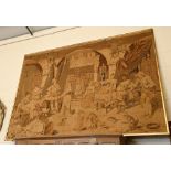 A large antique Belgian tapestry panel depicting exuberant 17th century tavern scene in gilt