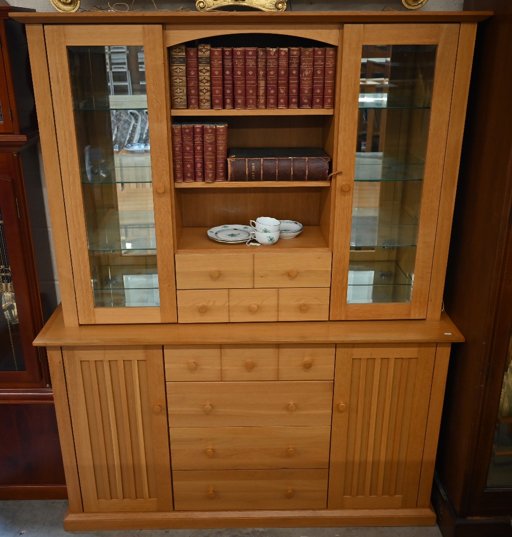 A light oak wall unit with six drawers over two cupboards, with glazed doors revealing shelves, - Image 2 of 3