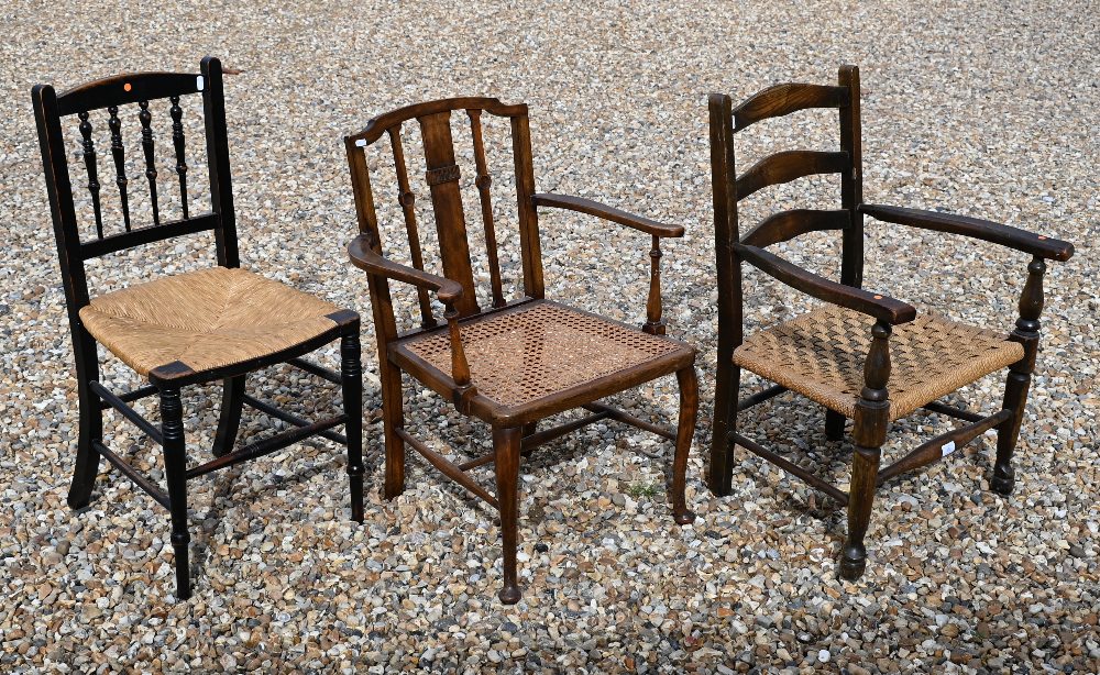 A trio of old cane and rope seat chairs (3)