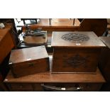 An Edwardian oak ditty-box with brass corners, 39 cm wide to/w a carved oak slipper-box of