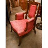 Edwardian inlaid mahogany parlour chair with floral marquetry an red brocade upholstery