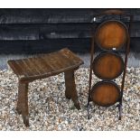 A mahogany three tier cake stand to/w oak stool with shaped slatted seat (2)