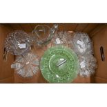 Six George Davidson pressed glass dishes, a green glass two-tier cake-stand, celery vase and stemmed