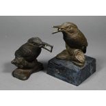 Two bronze kingfishers, 11 cm - one on marble plinth, lion passant foundry mark