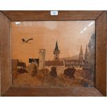 Edson Charles Spindler - A continental marquetry townscape, signed, 37 x 47 cm, framed and glazed