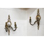 A pair of gilt metal twin branch wall sconces, 32 cm high