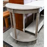 A grey painted two-tier demi-lune hall table, 80 cm wide x 30 cm deep x 80 cm high