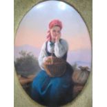 A 19th century German porcelain oval plaque, painted with young lady with basket and bundle, waiting