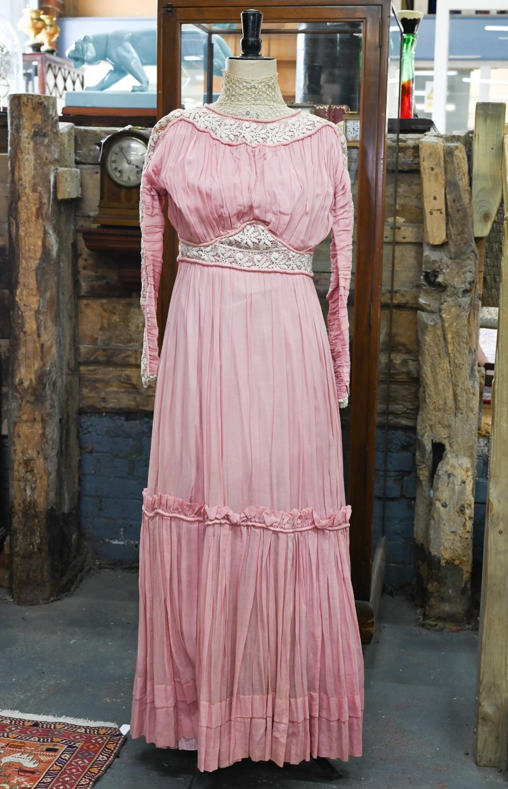 An Edwardian pink silk, lace and crochet dress, 150 cm from collar to hem to/w a quantity of vintage