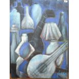 A modern unframed abstract oil on canvas of an arrangement of musical instruments, bottles and vases