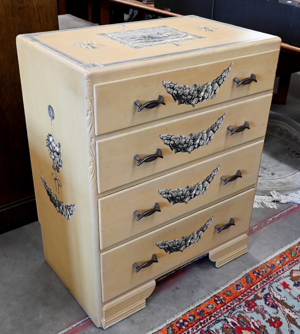 A buff-painted and decoupage four drawer chest standing on bracket feet, 76 cm wide x 46 cm deep x