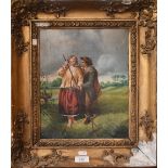 19th century English school - A courting couple in a rustic landscape, oil on canvas, 30 x 24.5 cm
