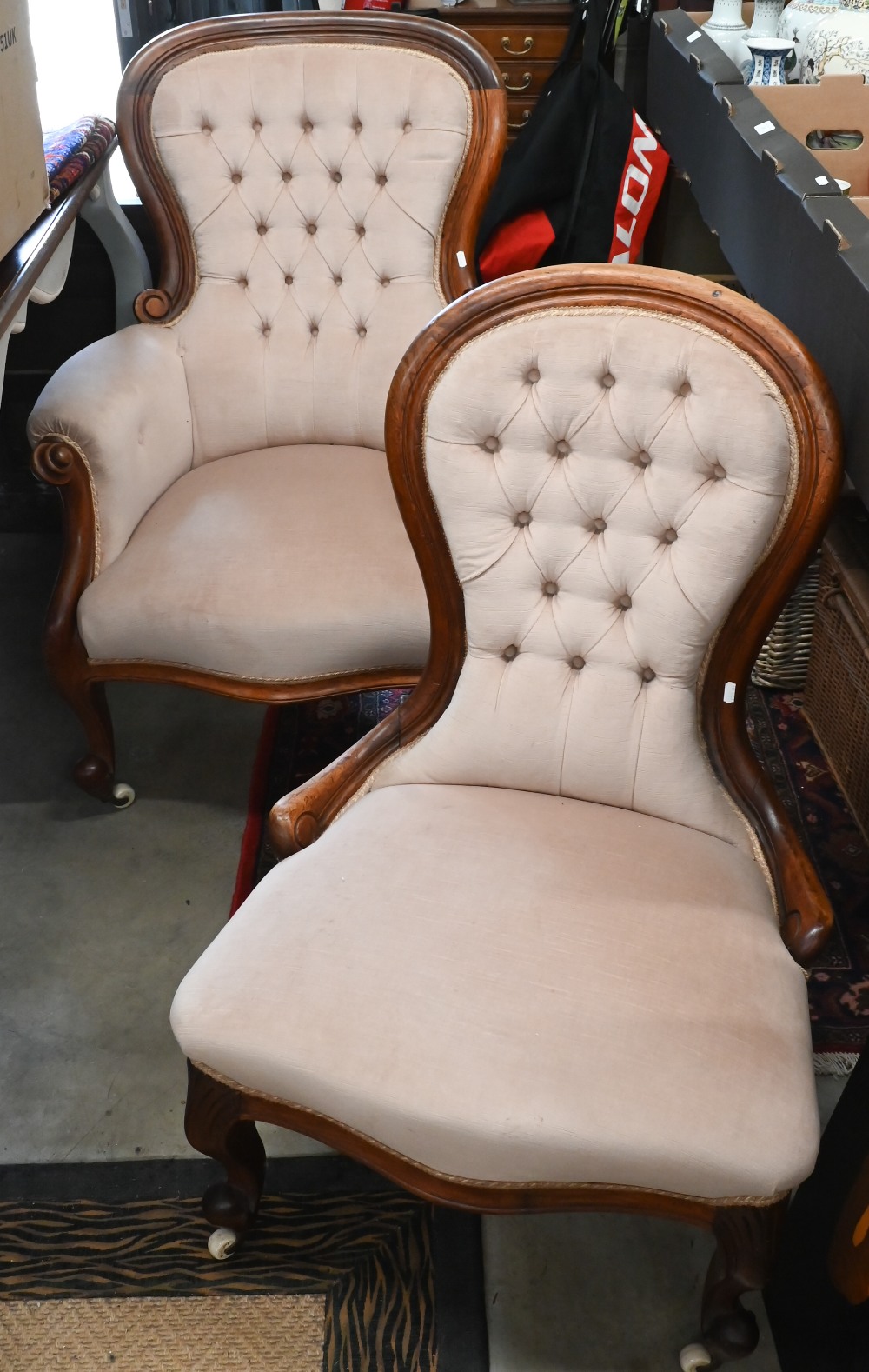 A Victorian mahogany framed armchair with champagne button-backed dralon upholstery to/w a side