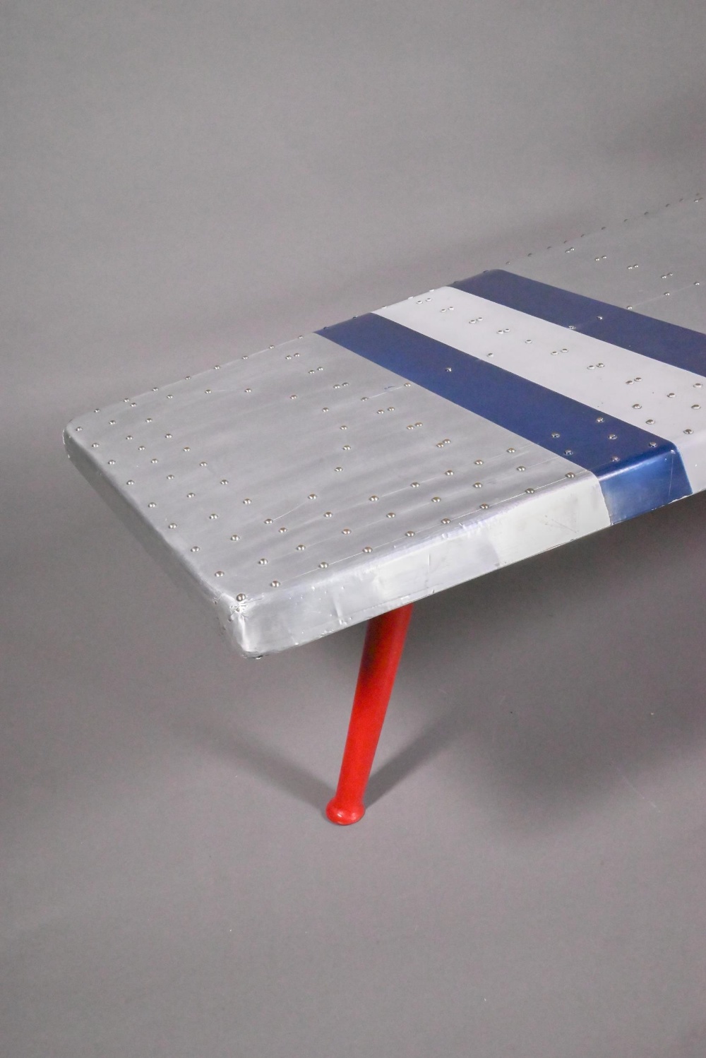 A rivetted vintage alloy aeroplane wing style tripod coffee table - Image 2 of 7
