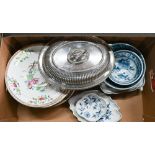 Two Meissen onion pattern dishes and other blue and white ceramics, Victorian Royal Worcester dinner