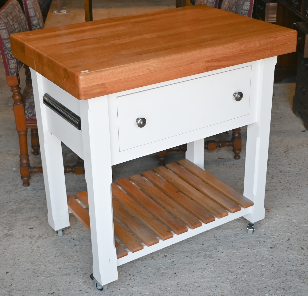 A contemporary oak top off-white painted kitchen station, with single drawer on rollers, 89 x 60 x