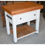 A contemporary oak top off-white painted kitchen station, with single drawer on rollers, 89 x 60 x