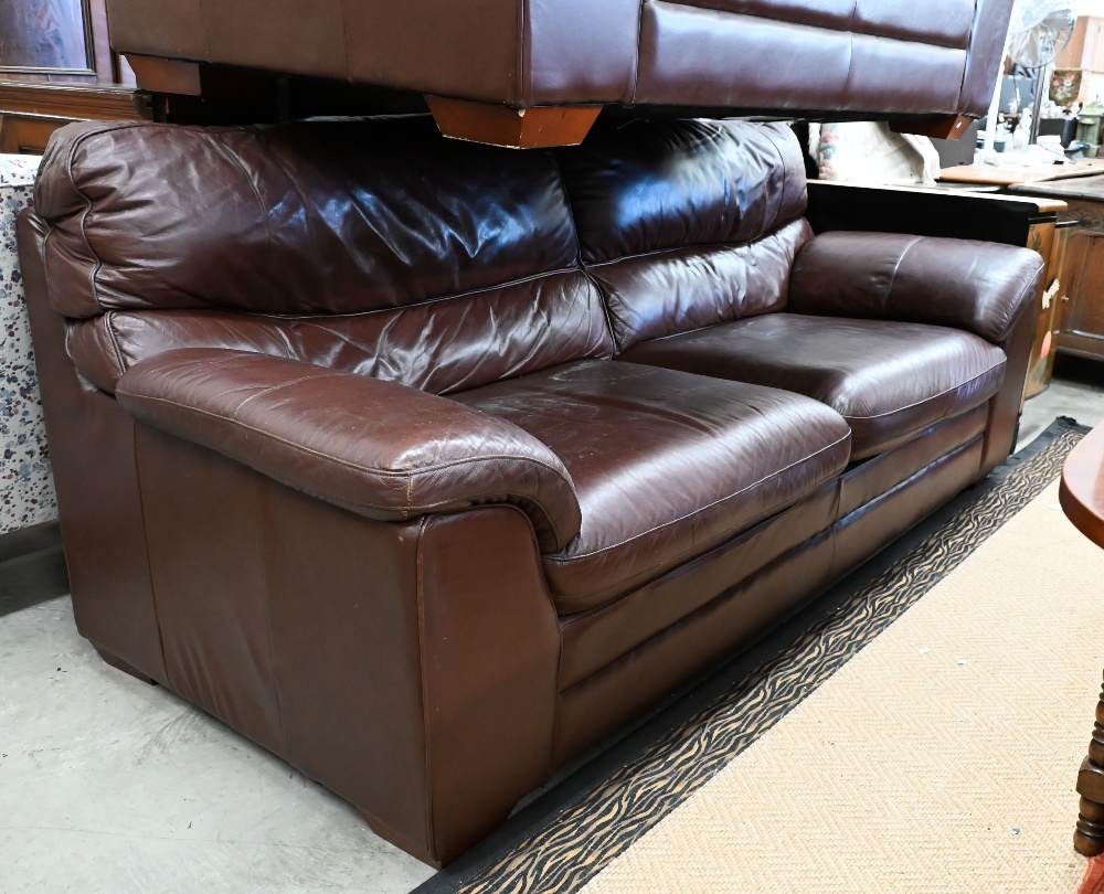 A brown leather two seater sofa, 180 cm w x 95 cm d x 95 cm h, to/w a matching three seater sofa, - Image 2 of 11